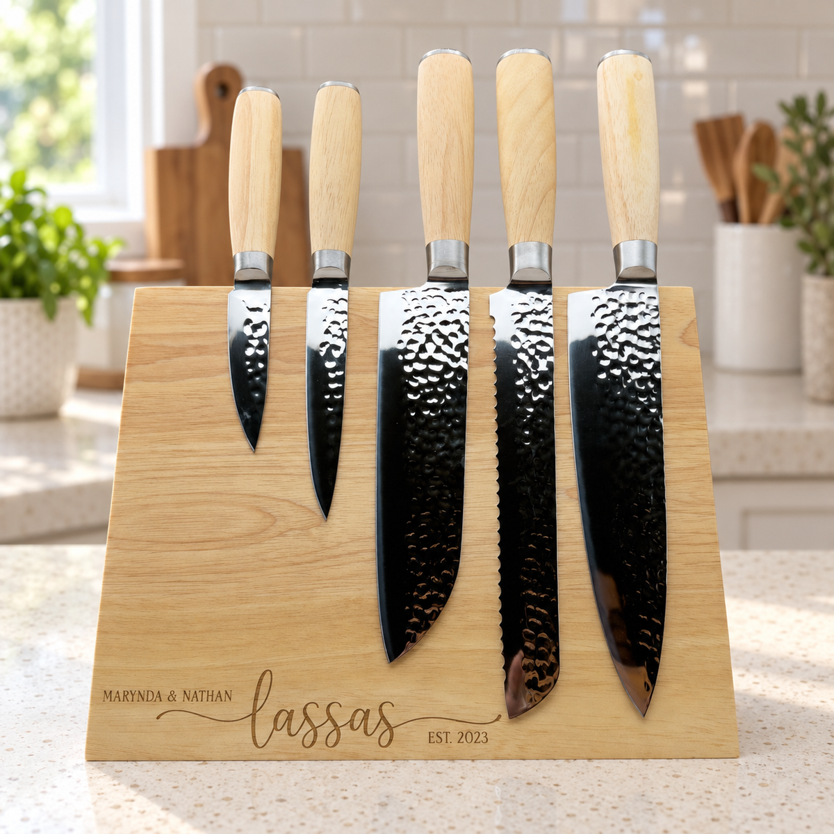 Personalized Kitchen Knife Set with Magnetic Wood Stand | 5 Engraved Knives | Wedding or Housewarming Gift