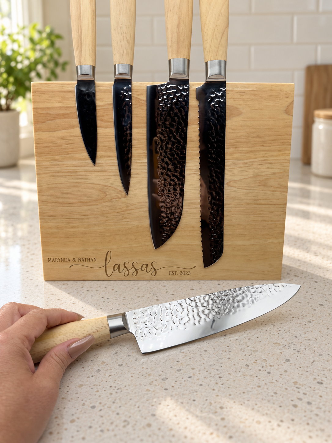 Personalized Kitchen Knife Set with Magnetic Wood Stand | 5 Engraved Knives | Wedding or Housewarming Gift