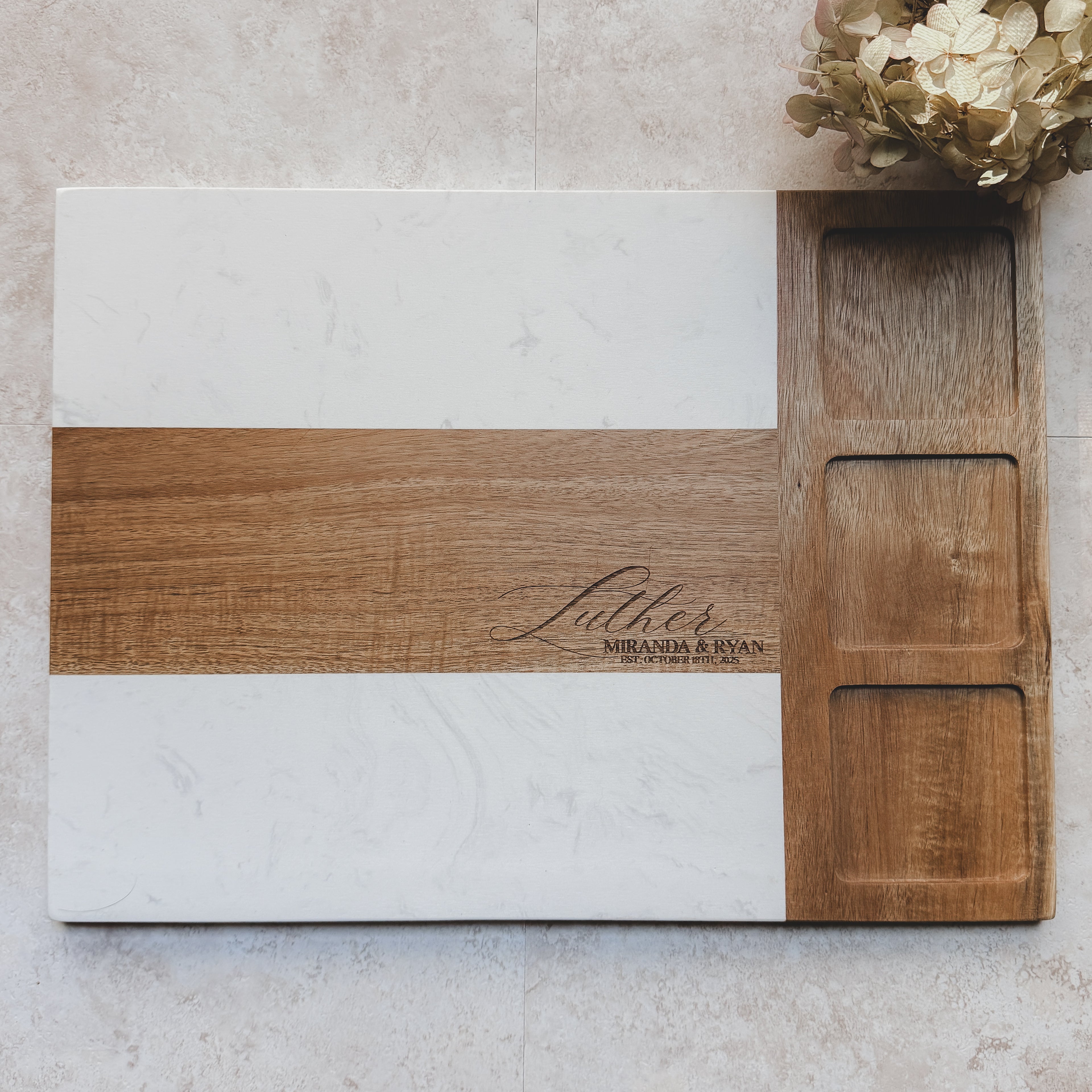 Personalized Marble & Acacia Charcuterie Board Set