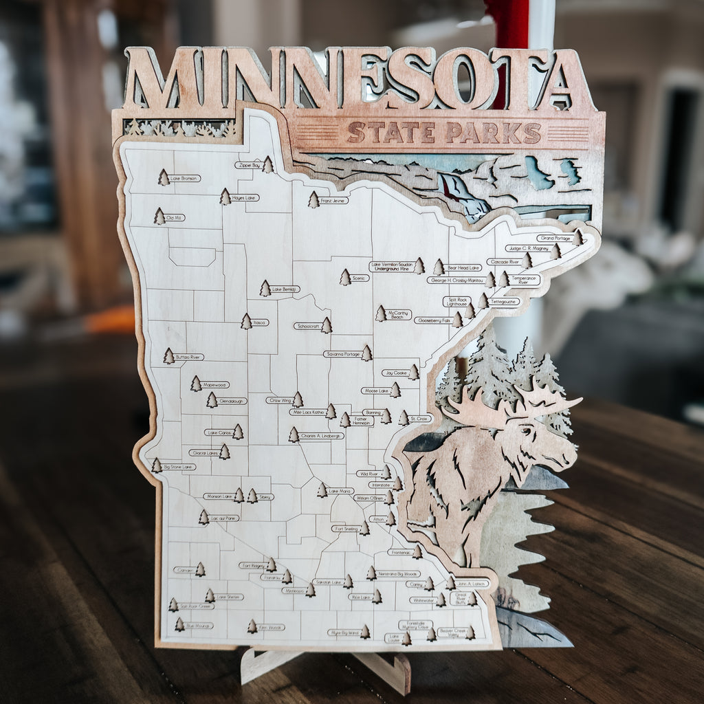 Layered Minnesota State Park Map with Moose – Wood Travel Tracker Gift