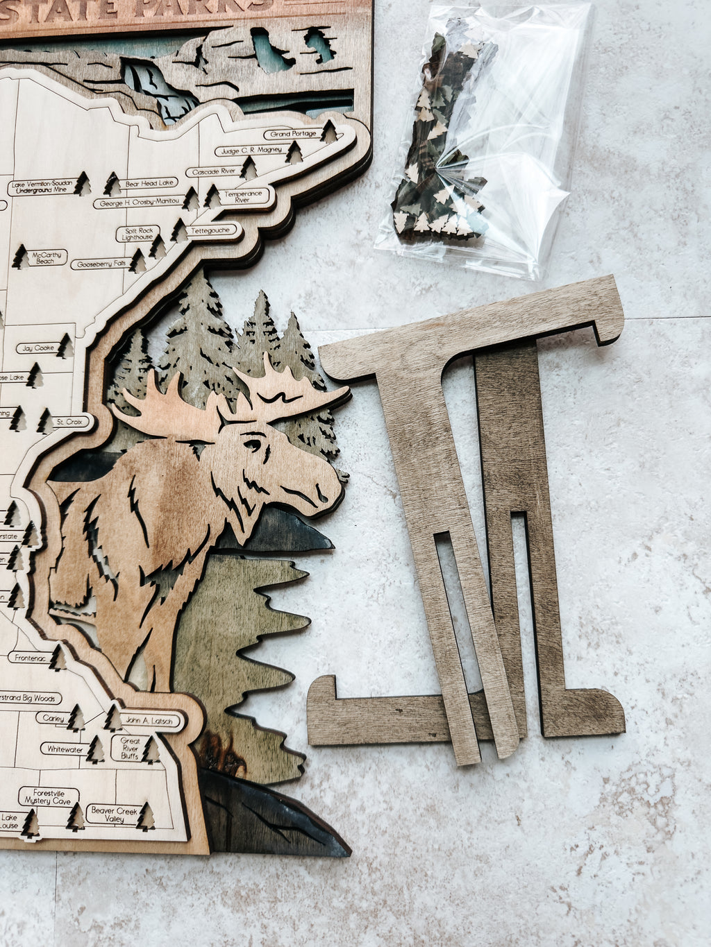 Layered Minnesota State Park Map with Moose – Wood Travel Tracker Gift