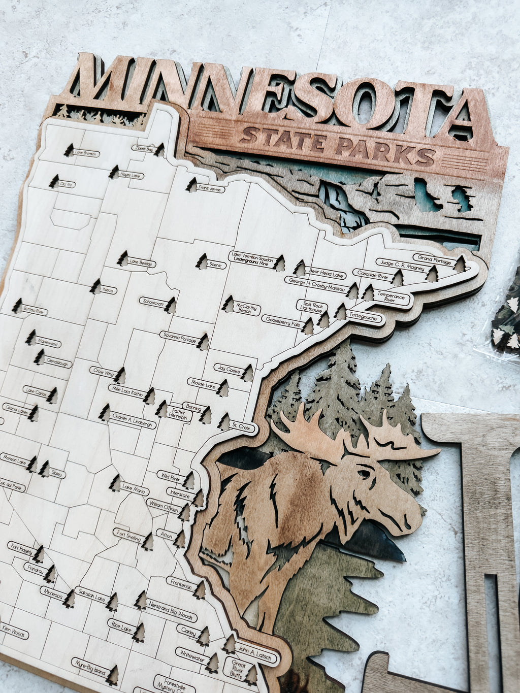 Layered Minnesota State Park Map with Moose – Wood Travel Tracker Gift