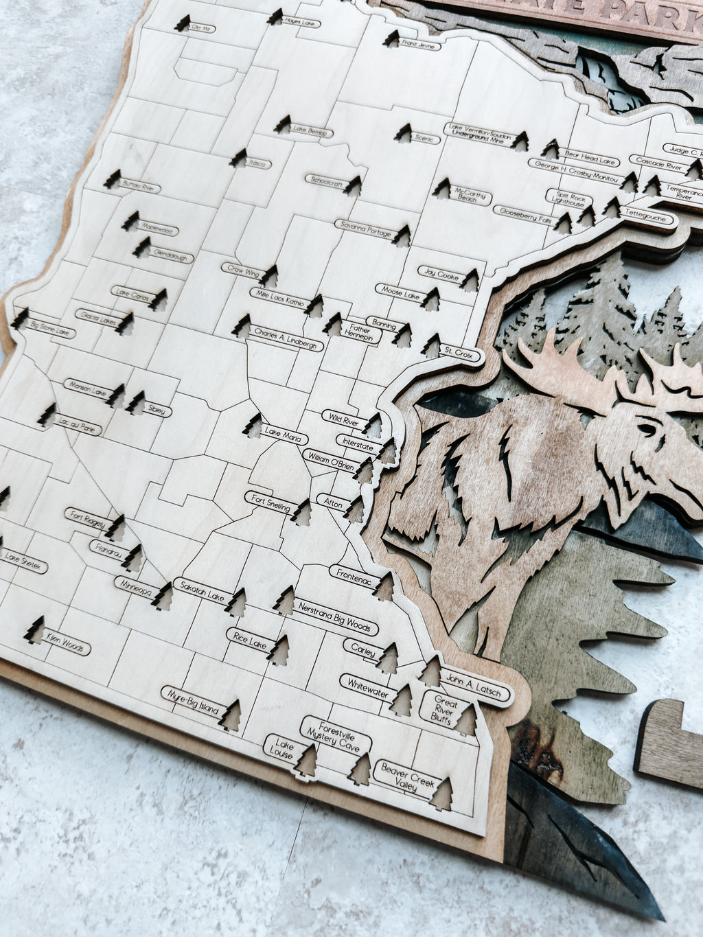 Layered Minnesota State Park Map with Moose – Wood Travel Tracker Gift