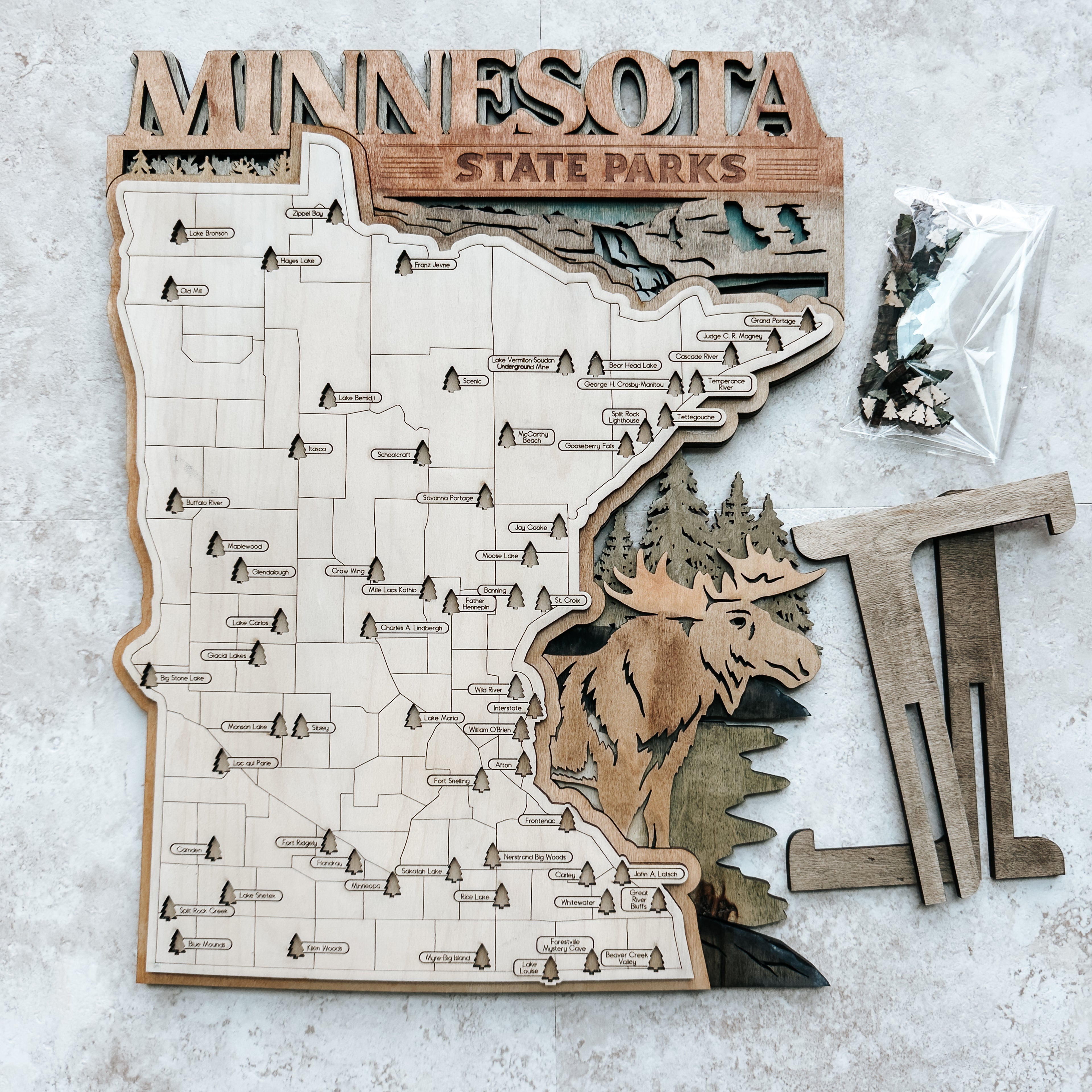 Layered Minnesota State Park Map with Moose – Wood Travel Tracker Gift