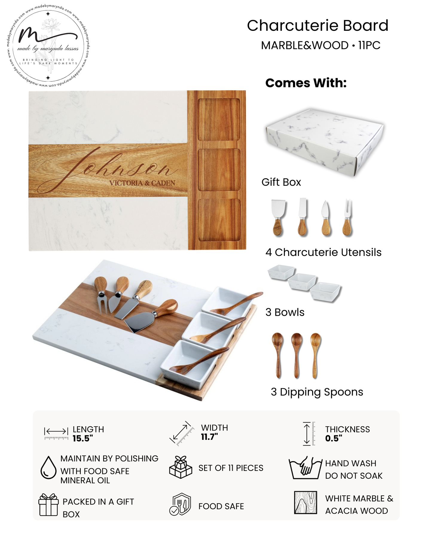 Personalized Marble & Acacia Charcuterie Board Set