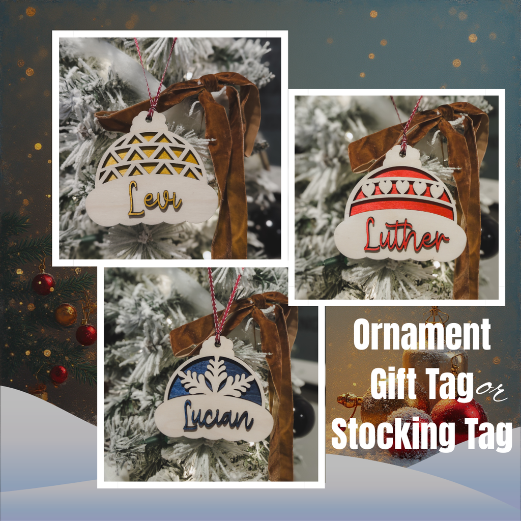 Personalized Winter Hat Name Tag – Layered Wood Christmas Gift Tag