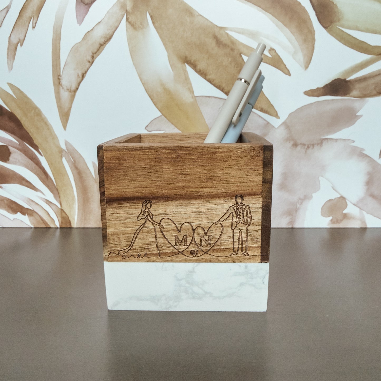 Personalized Wedding Gift – Engraved Marble & Wood Pencil Holder