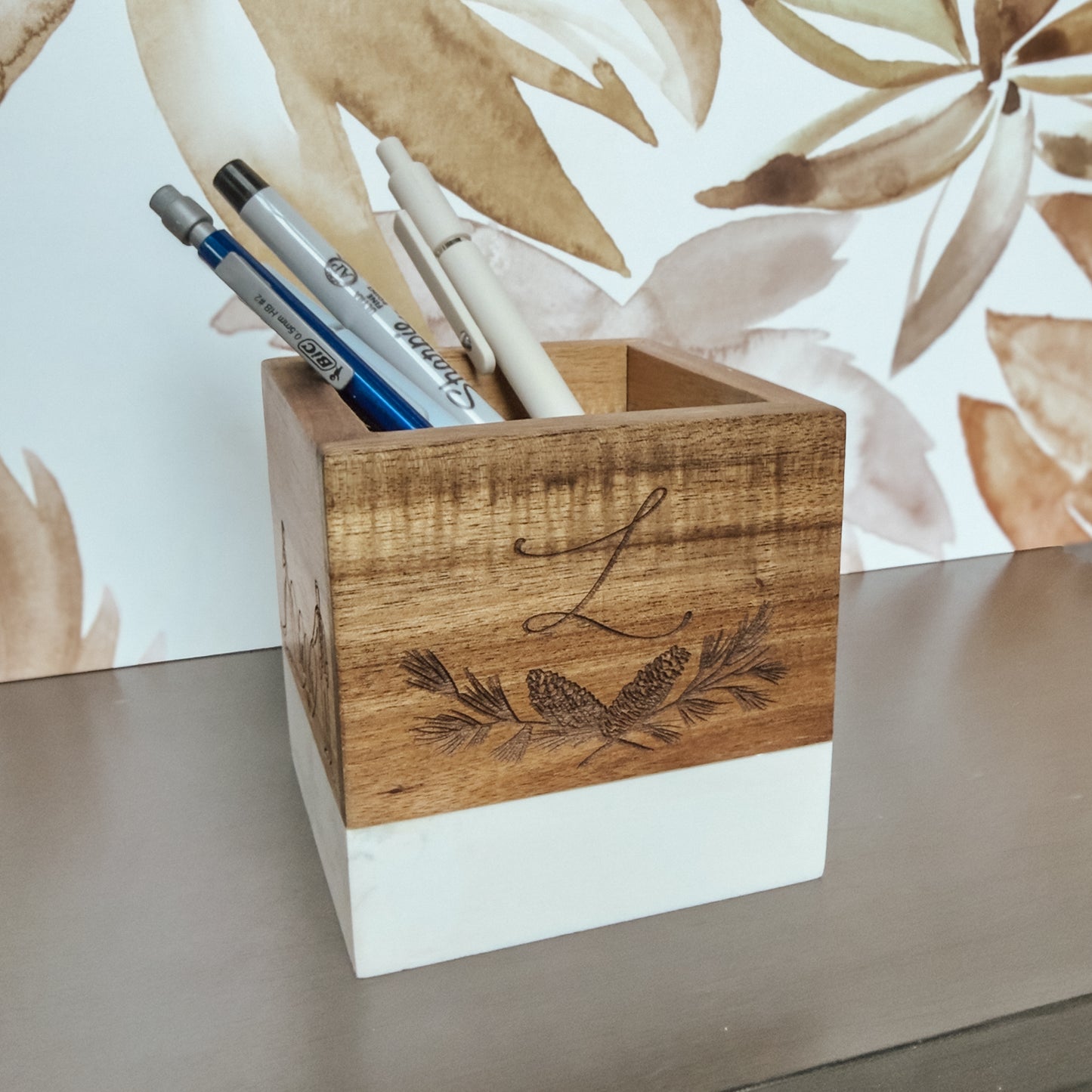 Personalized Initial Gift – Engraved Marble & Wood Pencil Holder