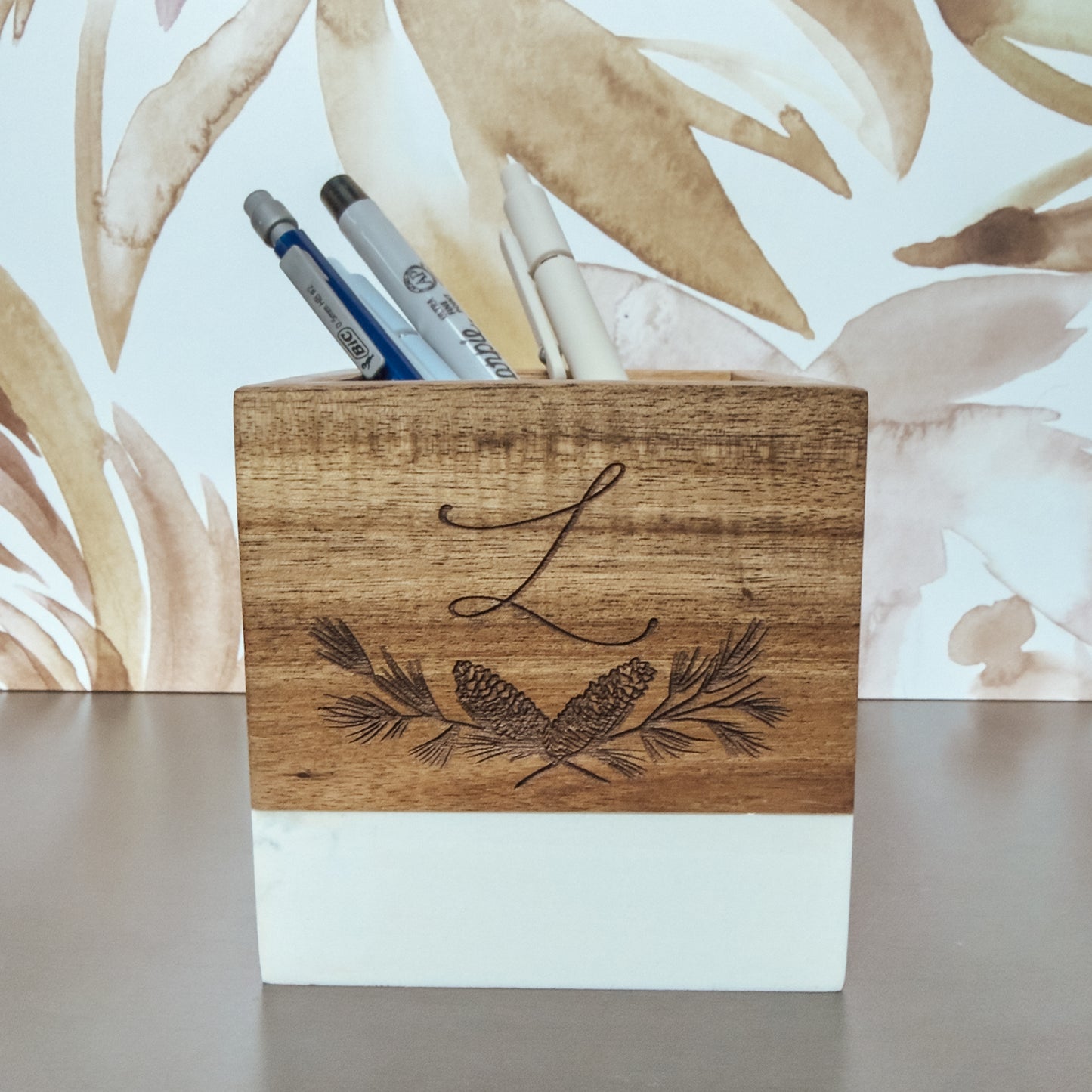 Personalized Initial Gift – Engraved Marble & Wood Pencil Holder