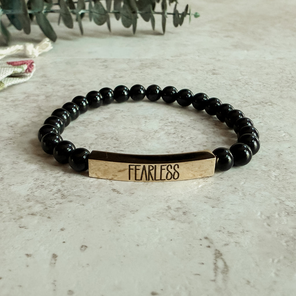 Onyx Strength Bracelet | 18K Gold Engraved “Fearless”