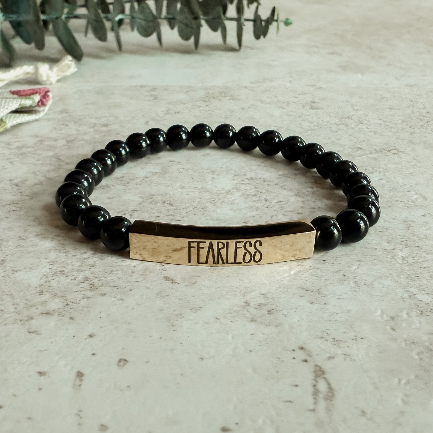 Onyx Strength Bracelet | 18K Gold Engraved “Fearless”