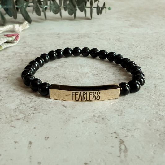 Onyx Strength Bracelet | 18K Gold Engraved “Fearless”