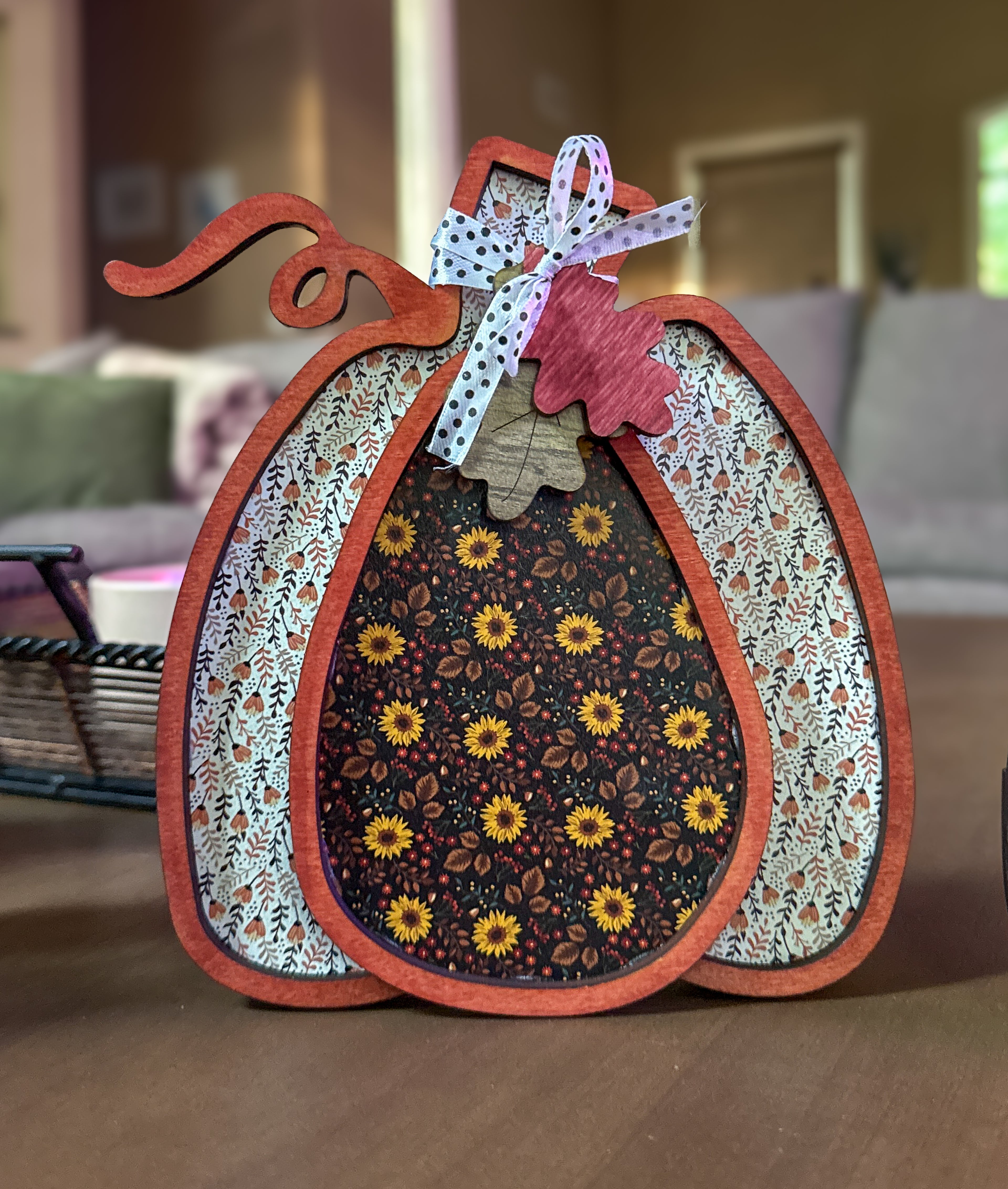 Handmade Layered Wood Pumpkin Sets with Bows, Raffia, and Leaf Accents – Rustic Freestanding Fall and Thanksgiving Decor