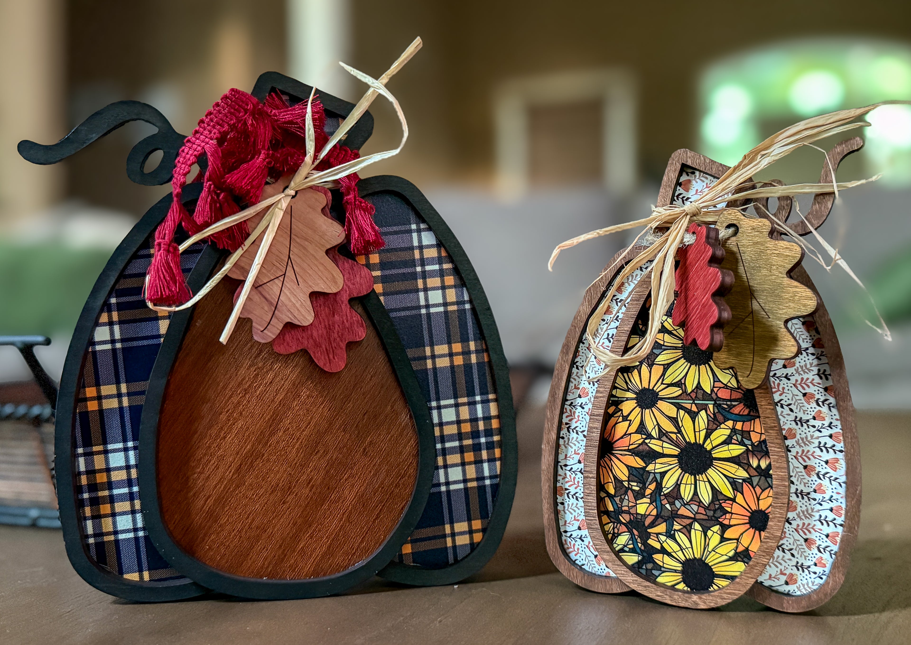 Handmade Layered Wood Pumpkin Sets with Bows, Raffia, and Leaf Accents – Rustic Freestanding Fall and Thanksgiving Decor