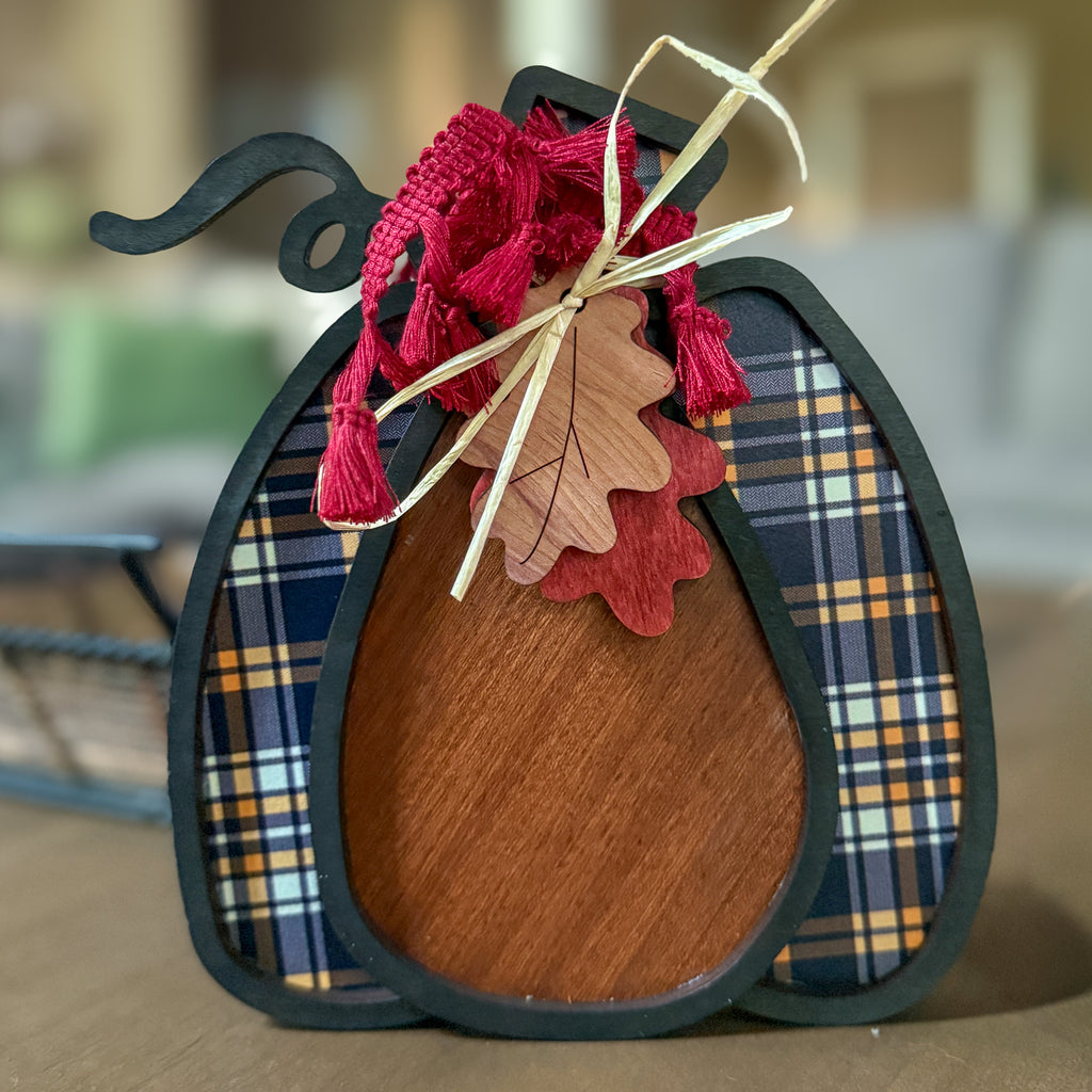 Handmade Layered Wood Pumpkin Sets with Bows, Raffia, and Leaf Accents – Rustic Freestanding Fall and Thanksgiving Decor
