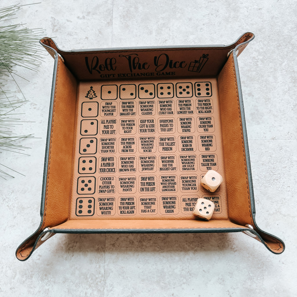 Roll The Dice Gift Exchange Game – Leatherette Tray + Wooden Dice Set