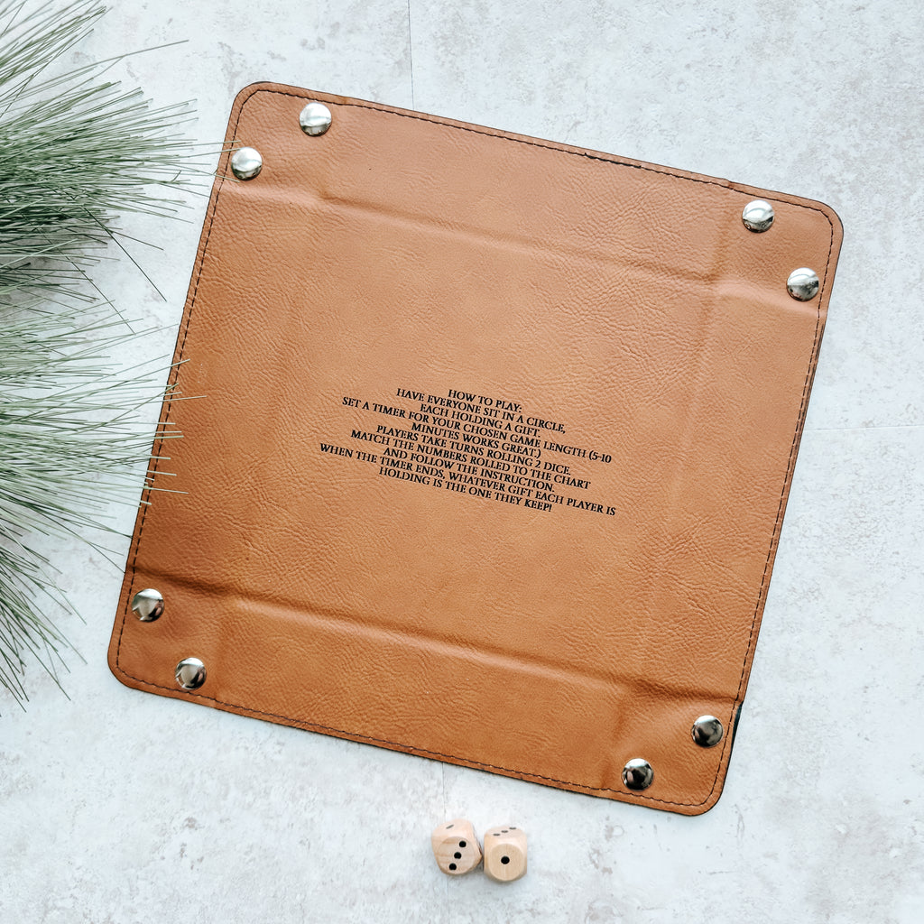 Roll The Dice Gift Exchange Game – Leatherette Tray + Wooden Dice Set