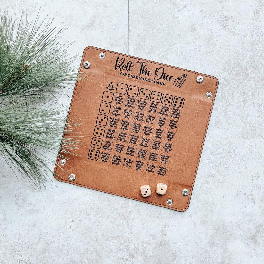 Roll The Dice Gift Exchange Game – Leatherette Tray + Wooden Dice Set
