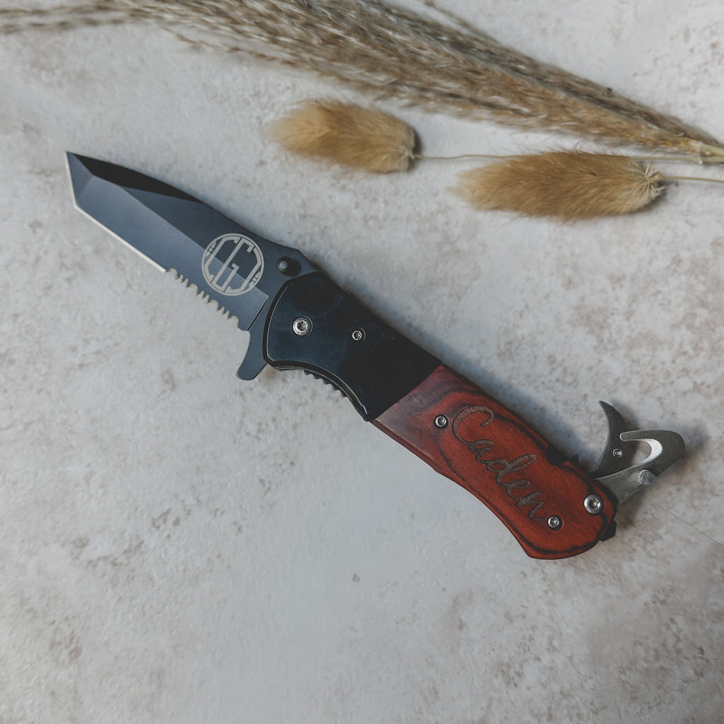 Engraved Rosewood Pocket Knife – Personalized Spring Assisted Multi-Tool with Gift Box