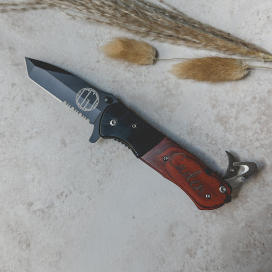 Engraved Rosewood Pocket Knife – Personalized Spring Assisted Multi-Tool with Gift Box
