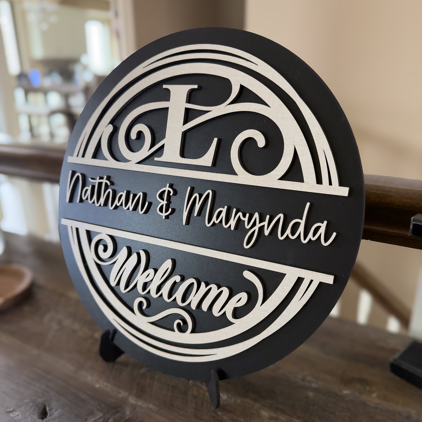 Personalized Wedding Gift Sign | Custom Family Name Welcome Sign | Housewarming Gift | 11.5" Round Home Decor with Stand