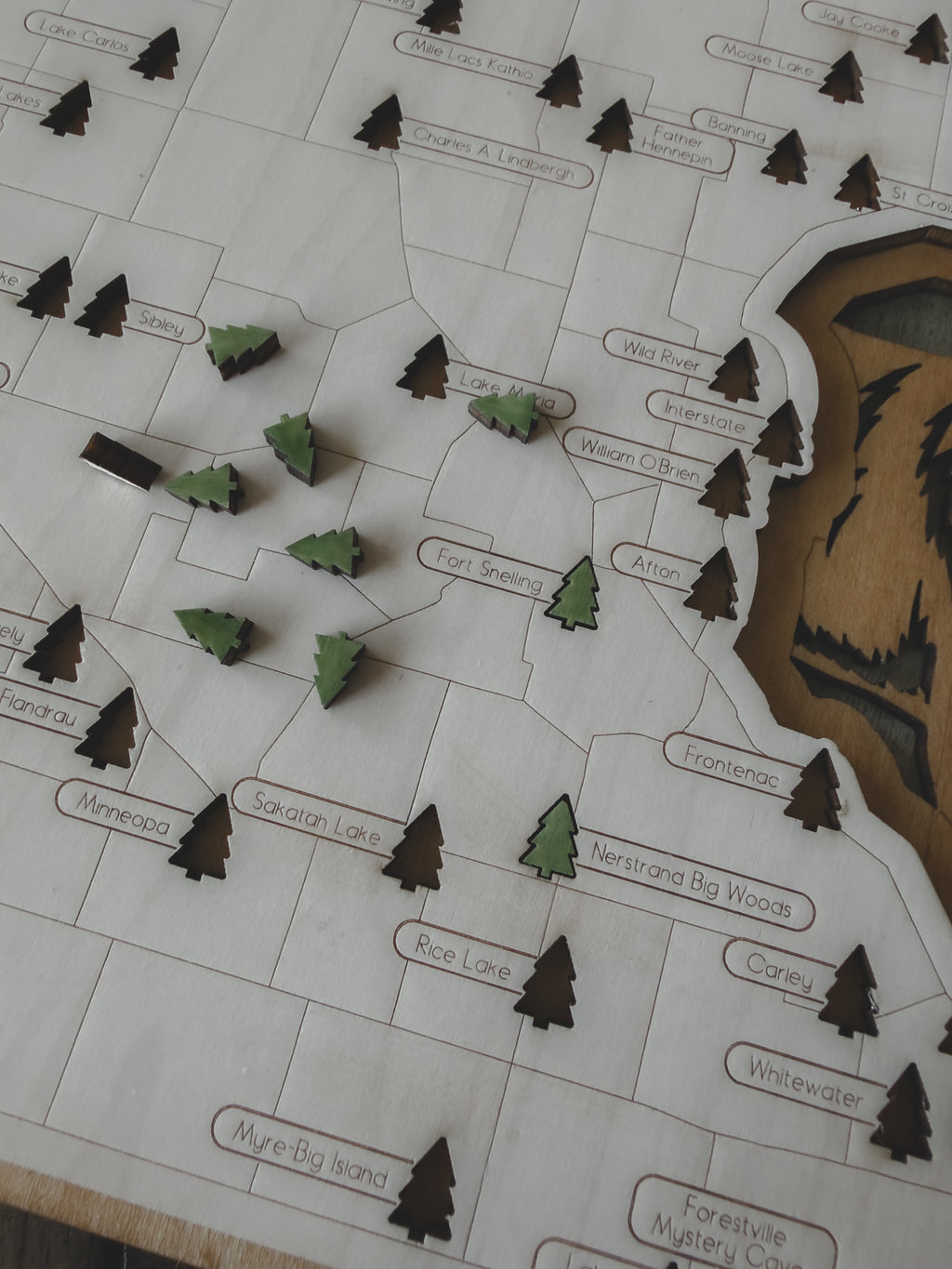 Layered Minnesota State Park Map with Moose – Wood Travel Tracker Gift