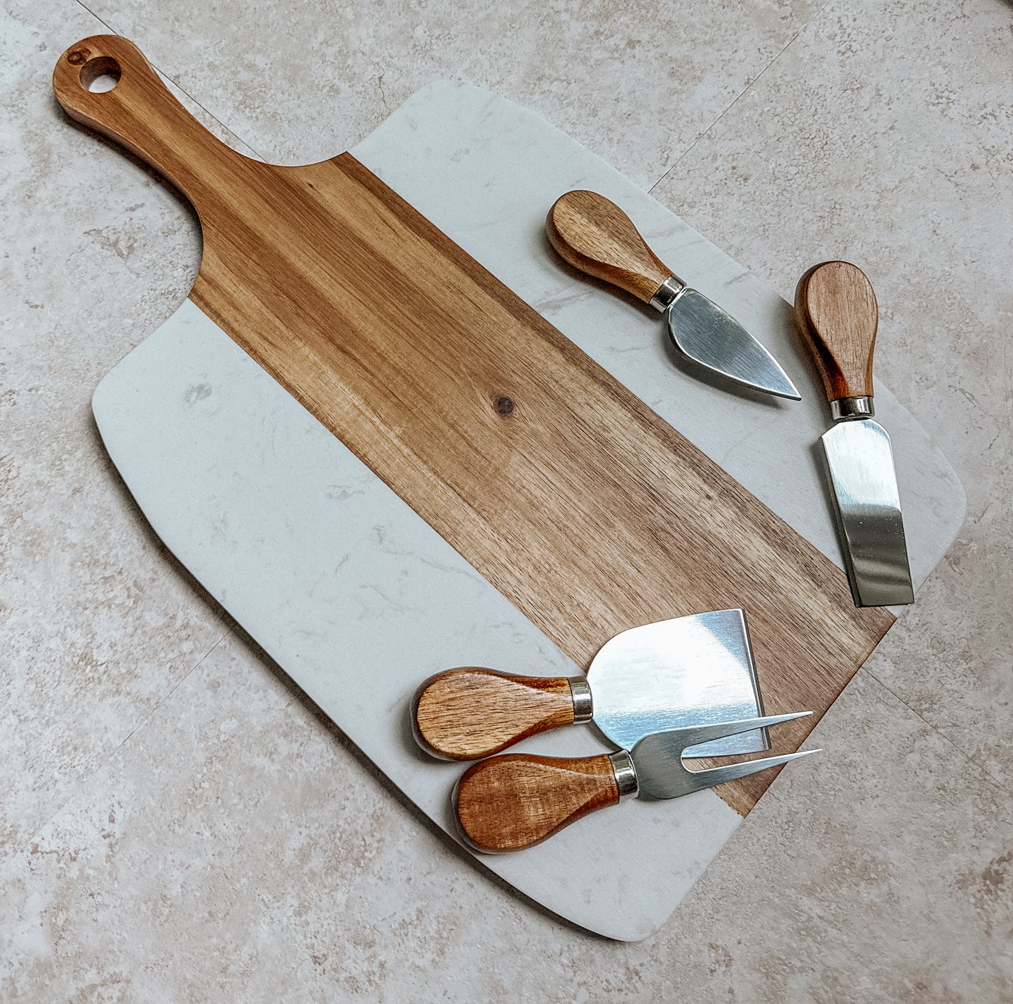 Marble & Acacia Wood Serving Board – 5 Piece Gift Set with Custom Engraving