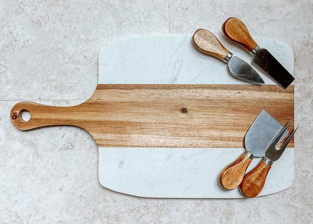 Marble & Acacia Wood Serving Board – 5 Piece Gift Set with Custom Engraving