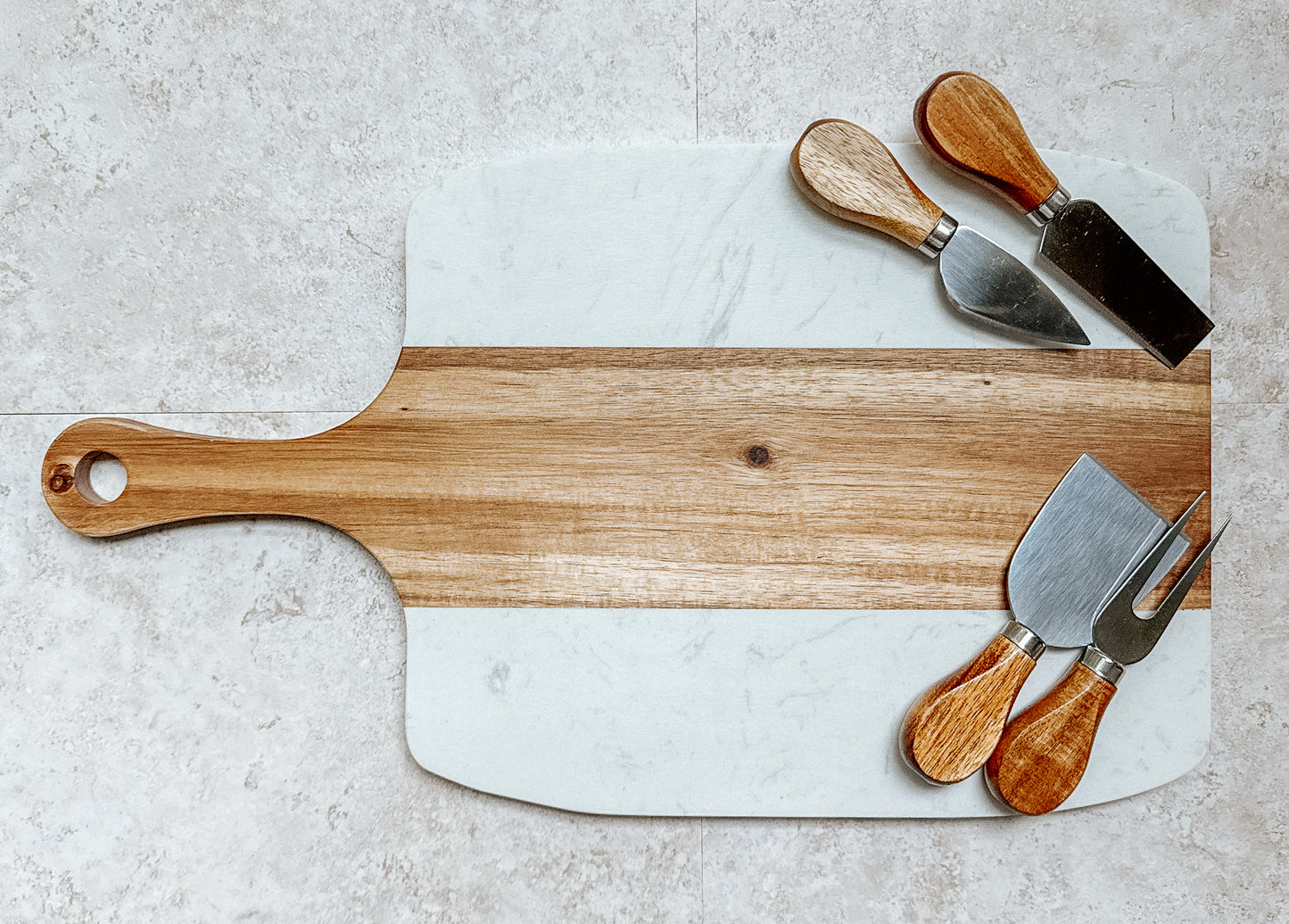 Marble & Acacia Wood Serving Board – 5 Piece Gift Set with Custom Engraving