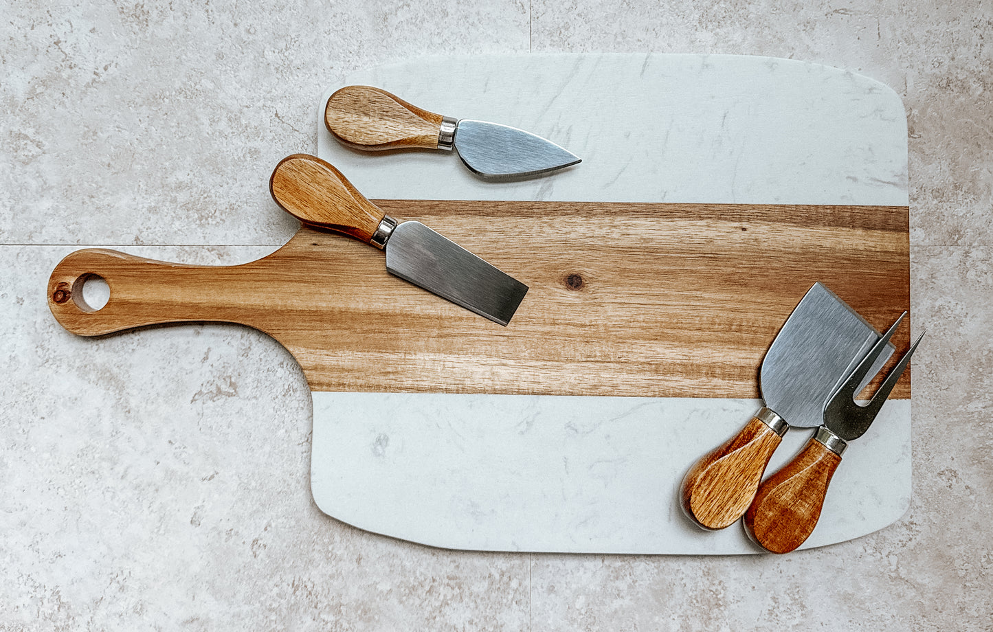 Marble & Acacia Wood Serving Board – 5 Piece Gift Set with Custom Engraving