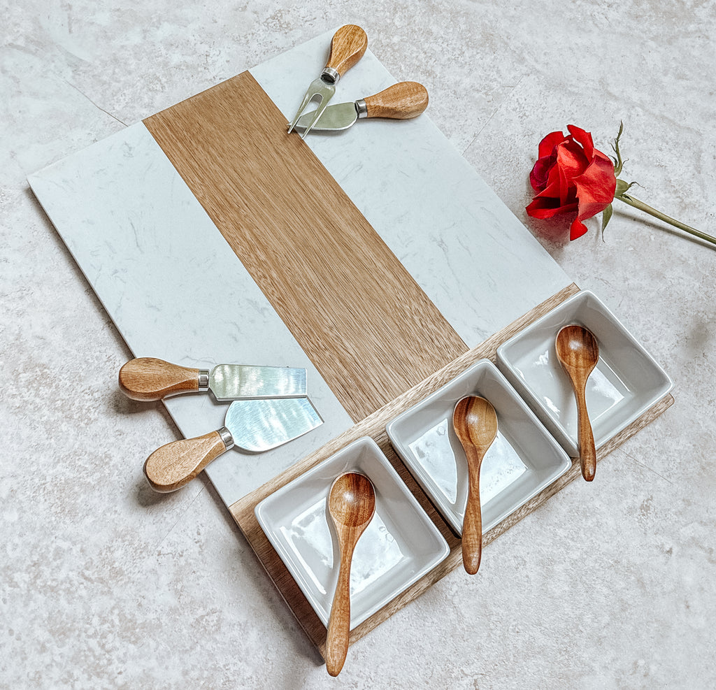 Personalized Marble & Acacia Charcuterie Board Set