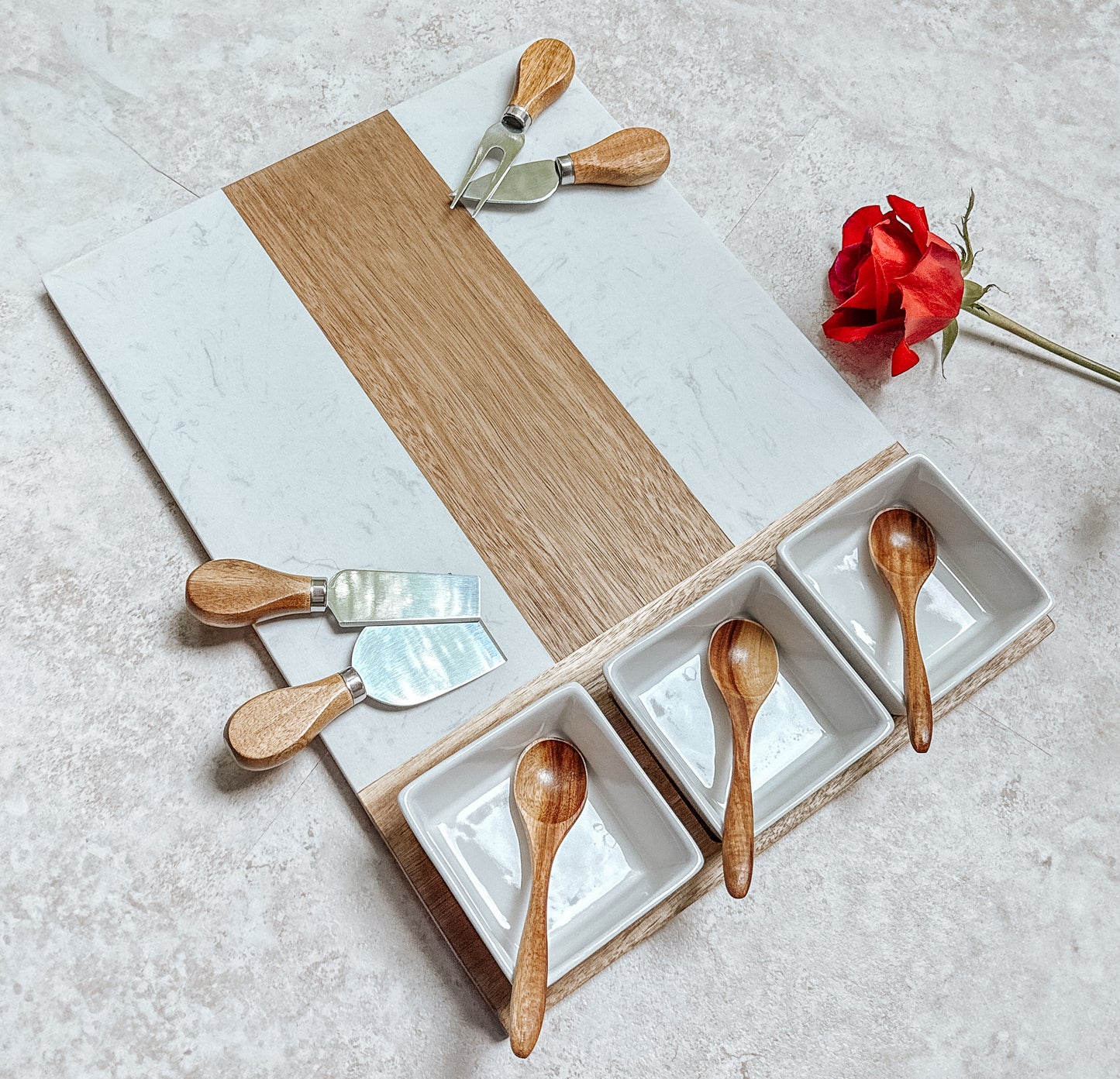 Personalized Marble & Acacia Charcuterie Board Set