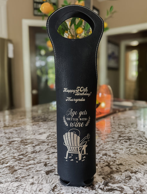 Custom Engraved Leatherette Wine Bag – "Age Gets Better with Wine" | Personalized 50th Birthday Gift