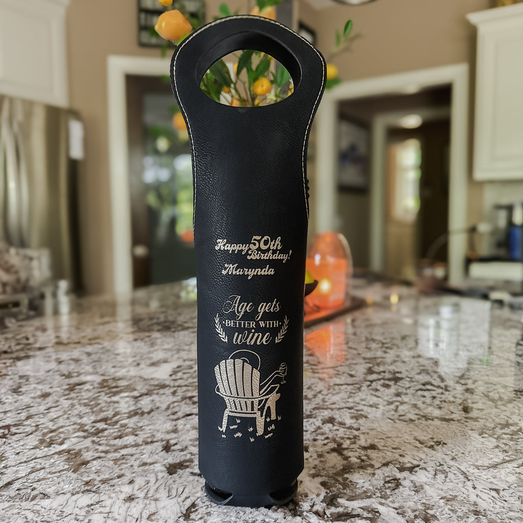 Custom Engraved Leatherette Wine Bag – "Age Gets Better with Wine" | Personalized 50th Birthday Gift