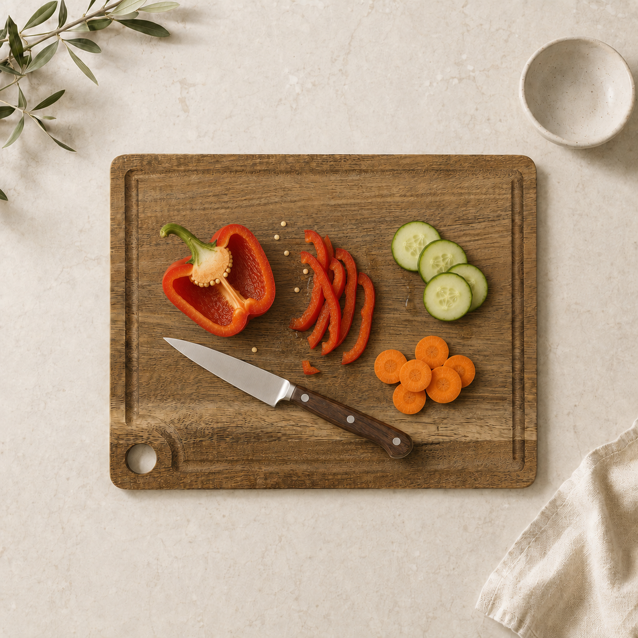 Acacia cutting board in use with red pepper, cucumber and carrots