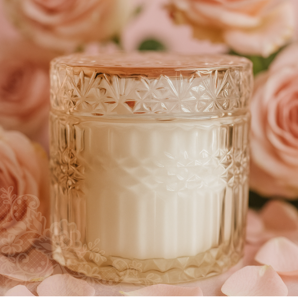 Blushing Bride candle in embossed crystal jar with soft pink roses in background, romantic floral styling