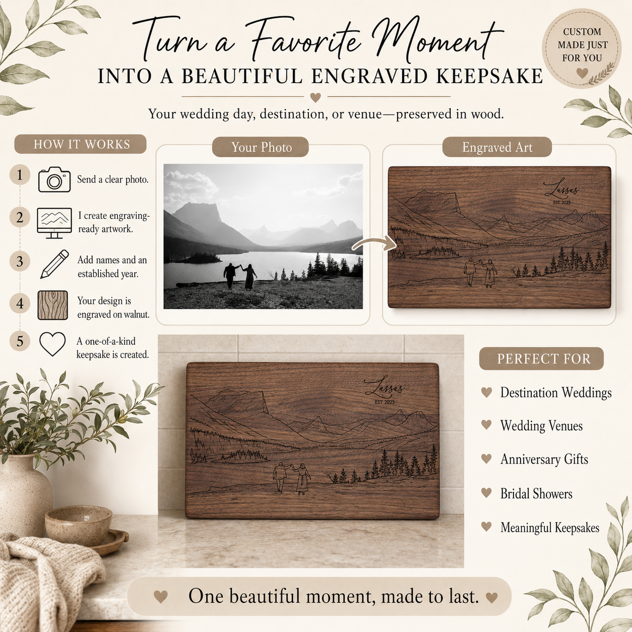 How a wedding photo becomes custom engraved art on walnut