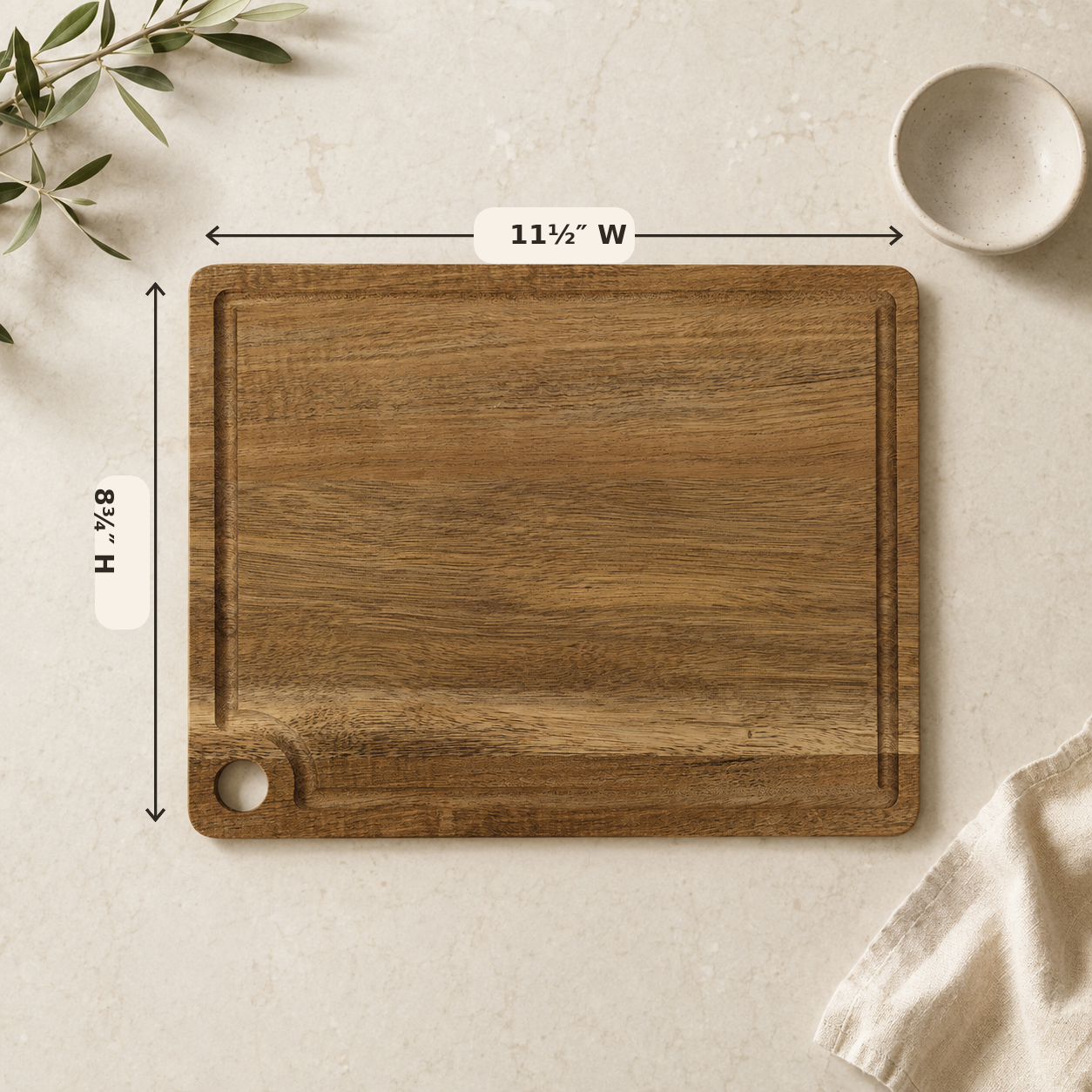 Acacia cutting board measurements 11 and one half inches wide by 8 and three quarters inches tall