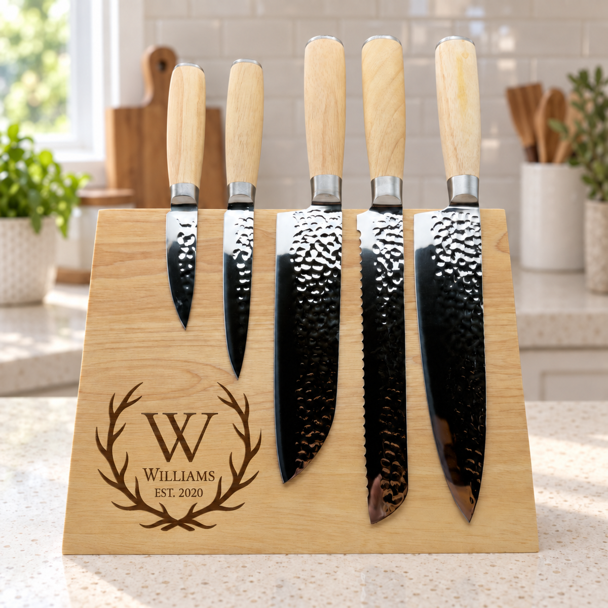 Personalized Kitchen Knife Set with Magnetic Wood Stand | 5 Engraved Knives | Wedding or Housewarming Gift