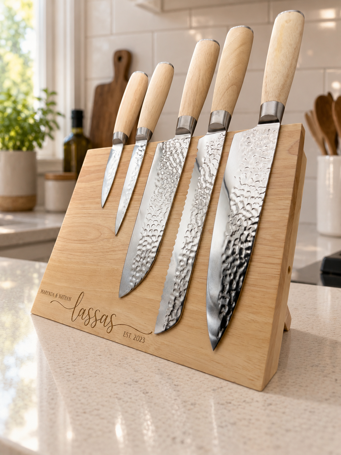 Personalized Kitchen Knife Set with Magnetic Wood Stand | 5 Engraved Knives | Wedding or Housewarming Gift