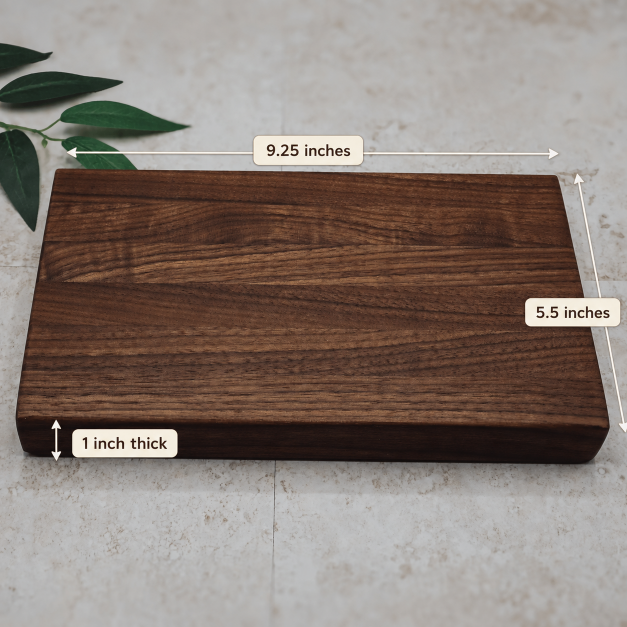 Mini walnut board measurements 9.25 by 5.5 inches and 1 inch thick