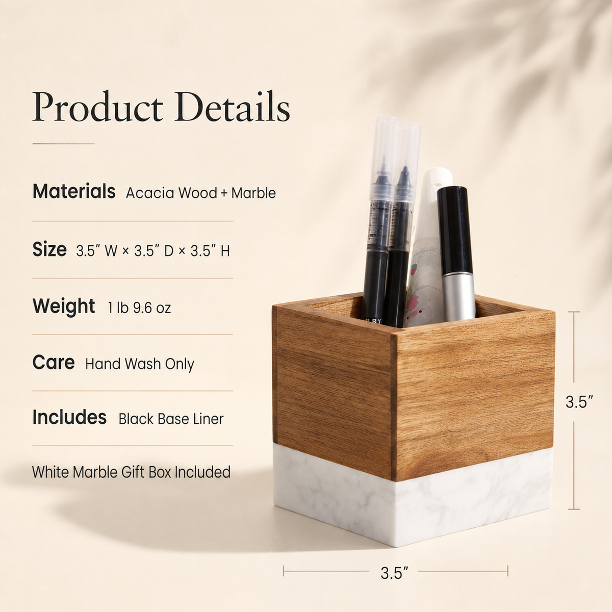 Personalized Floral Initial Pencil Holder | Marble & Wood