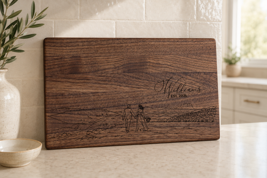 Personalized wedding photo engraved on a handmade walnut board in a light kitchen