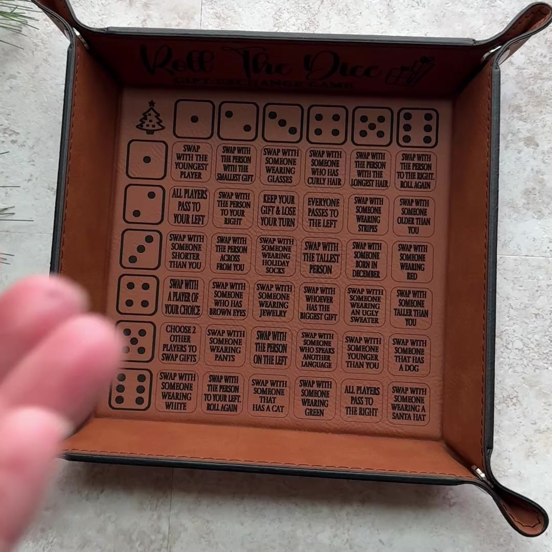 Roll The Dice Gift Exchange Game – Leatherette Tray + Wooden Dice Set