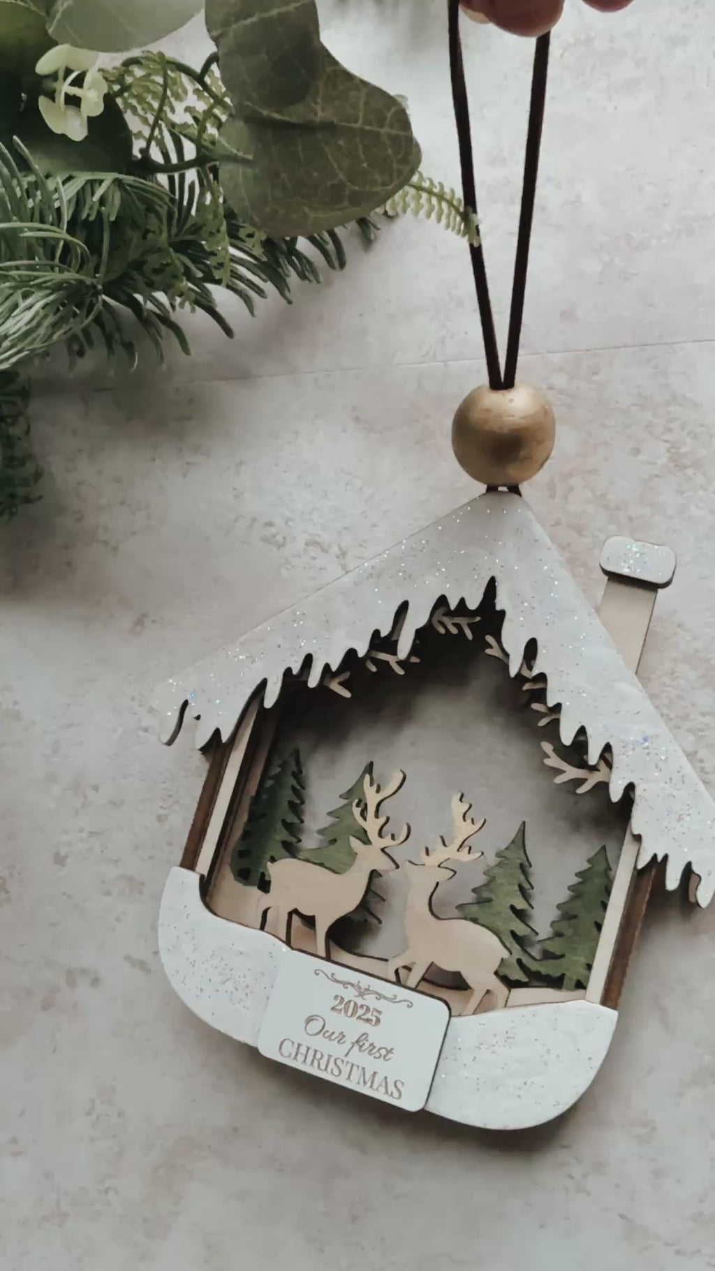 3D First Christmas Ornament – Hand Painted Cabin & Deer