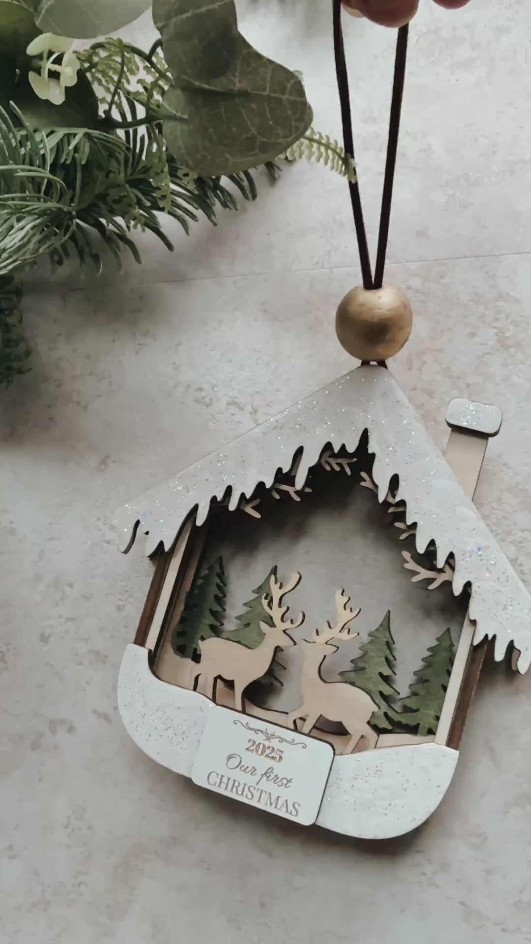 3D First Christmas Ornament – Hand Painted Cabin & Deer