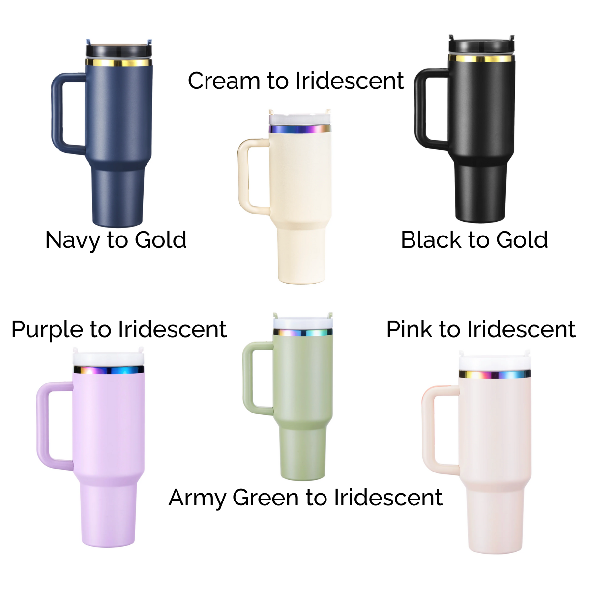 Collection of 40oz tumblers in various colors including Navy to Gold, Cream to Iridescent, Black to Gold, Purple to Iridescent, Army Green to Iridescent, and Pink to Iridescent on white background

