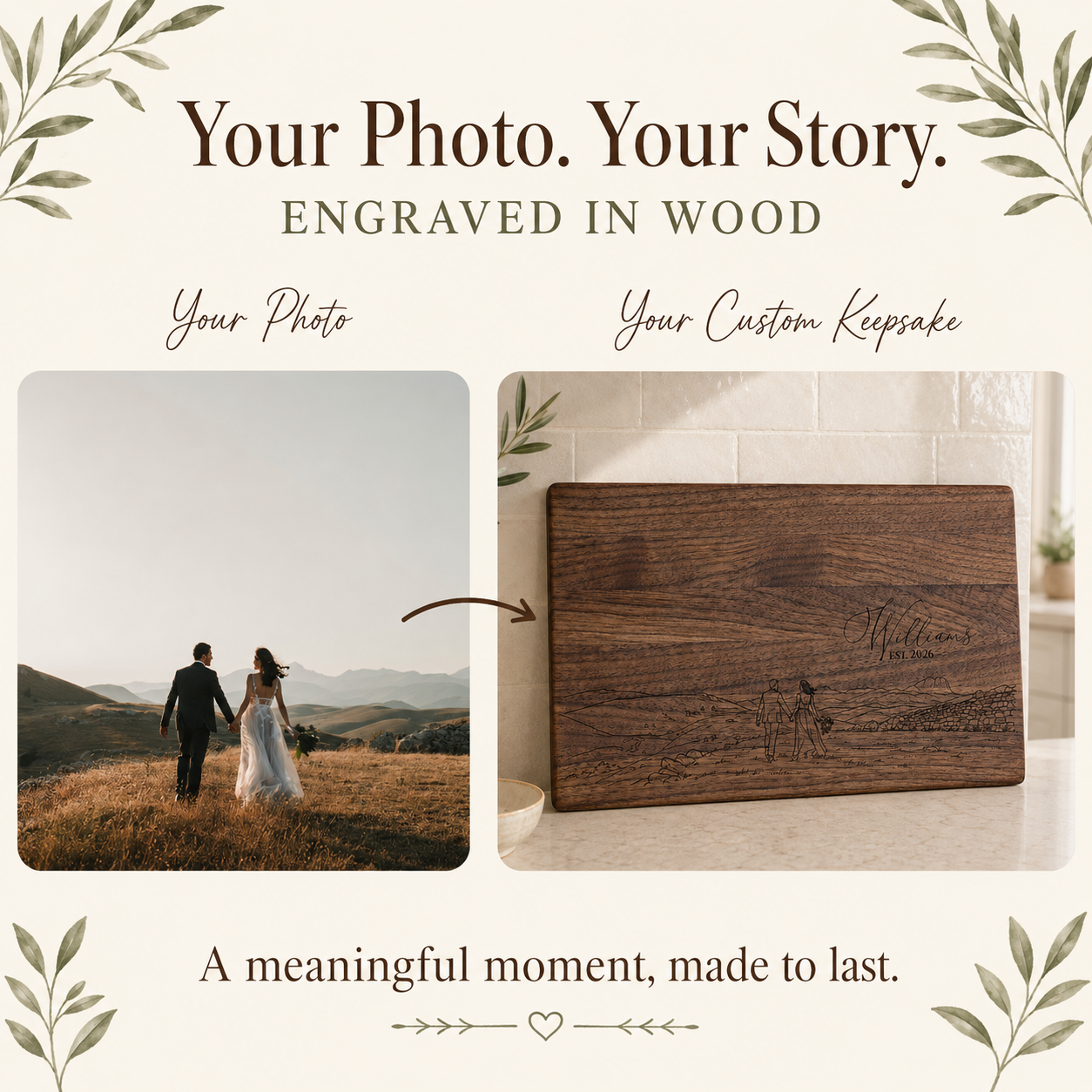 Wedding photo transformed into a custom engraved walnut keepsake